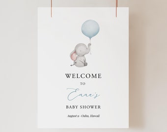 Plantilla de signo de bienvenida de baby shower, cartel de signo de bienvenida de globo azul editable, signo de bienvenida de elefante imprimible rústico, niño bebé, Templett C72