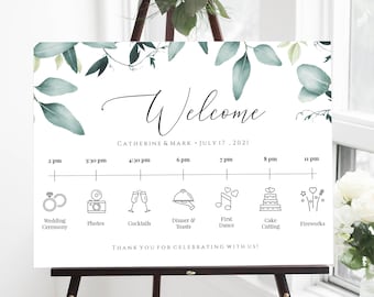 Wedding Timeline Poster, Printable Timeline, Wedding Day Timeline Eucalyptus, Wedding Itinerary, Greenery Order Of Events, Templett, C31