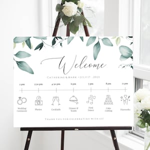 Wedding Timeline Poster, Printable Timeline, Wedding Day Timeline Eucalyptus, Wedding Itinerary, Greenery Order Of Events, Templett, C31