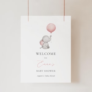 Plantilla de letrero de bienvenida para baby shower, cartel de bienvenida con globo rosa editable, letrero de bienvenida con elefante rústico imprimible, Baby Girl Templett C72