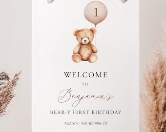 ELKE LEEFTIJD Beer verjaardag welkomstbord sjabloon teddybeer welkomstposter Beary eerste verjaardag welkomstbord 1e verjaardag welkom Templett, C109