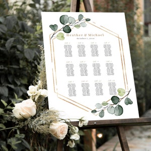 Greenery And Gold Seating Chart Template, Editable Wedding Seating Chart Board, Editable Seating Chart Poster, Templett, Seating Plan C22