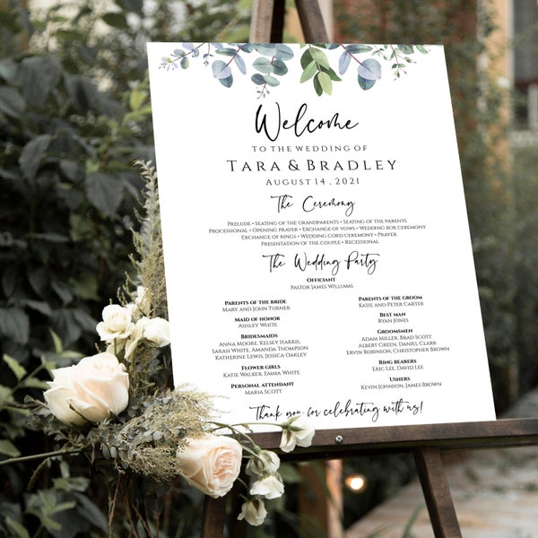 Eucalyptus Wedding Program Poster, Large Wedding Program Template Download, Editable Wedding Poster, Printable Ceremony Program Templett C40