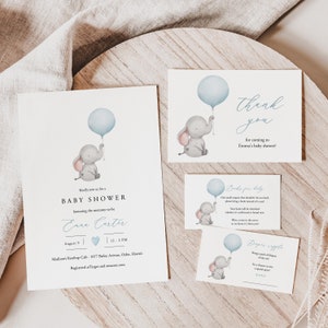 Plantilla de invitación para baby shower para un niño, libro para bebé, paquete de pañales editable, tarjeta de agradecimiento imprimible, elefante Templett, C72
