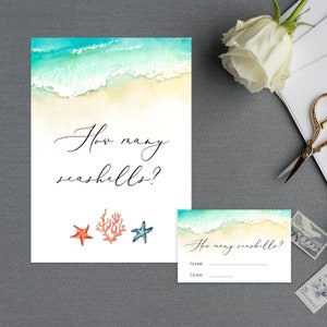 May include: A printable game card with a watercolor illustration of a beach scene with waves and sand. The text on the card reads "How many seashells?" and there are three seashells on the card. A smaller card with the same beach scene and text is also shown. This card has blank spaces for a name and guess.
