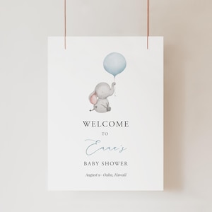 Babyparty Willkommensschild Vorlage, Bearbeitbares Blaues Ballon-Willkommensschild Poster, Druckbares Elefant-Willkommensschild Rustikal, Junge Baby, Templett C72