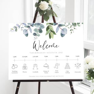 Eucalyptus Wedding Timeline Poster, Printable Timeline, Wedding Day Timeline, DIY Wedding Itinerary, Greenery Order Of Events, Templett, C40