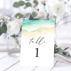 Beach Table Number Template, Instant Download, Editable Table Numbers Ocean, Summer Table Number Cards, Wedding Table Card, Templett C56