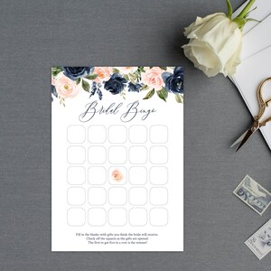 Bingo para despedida de soltera en azul marino y rubor, juego de bingo editable, bingo para novias, bingo para la fiesta del té, descarga instantánea, juego de bingo imprimible, Templett C24