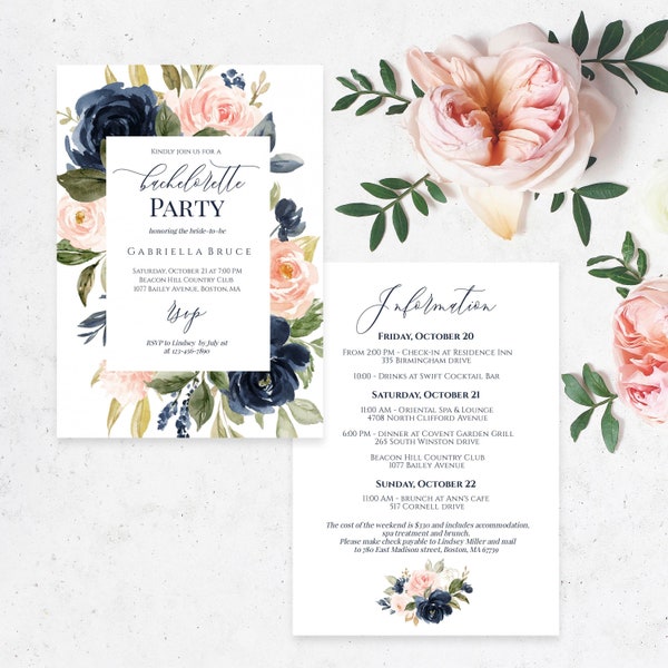 Boho Bachelorette Party Invitation With Itinerary, Printable Bachelorette Weekend Invitation, Editable Hen Party Invite Floral, Templett C24