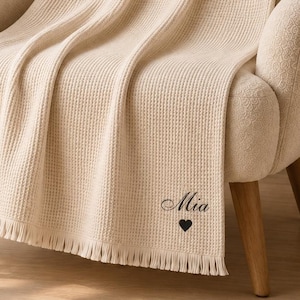 Personalized 100% Cotton Throw Blanket Christmas Gift For Her Waffle Cotton Blanket With Initials Throw Monogram Gift For Wife Birthday Gift