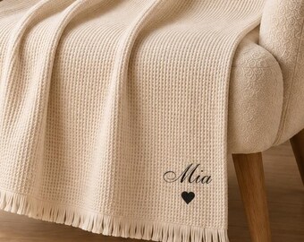 Personalized 100% Cotton Throw Blanket Christmas Gift For Her Waffle Cotton Blanket With Initials Throw Monogram Gift For Wife Birthday Gift