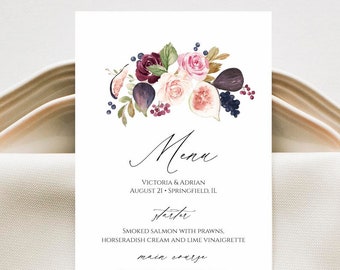 Summer Wedding Menu Template, Editable Wedding Menu Cards Fig, Fruit Menu Cards, Printable Menu Card Template, Instant Download Templett C35