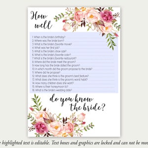 How Well Do You Know The Bride, Editable Game, PDF Template, Bridal Shower Game, Floral Bridal Shower Game, Printable, Instant Download, C1 image 2