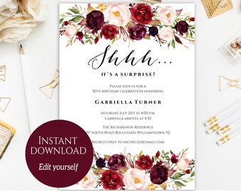 Surprise Birthday Invitation, Surprise Party Invitation, Shhh It's A Surprise, Marsala Surprise Party, Instant Download, PDF, Edit Yourself