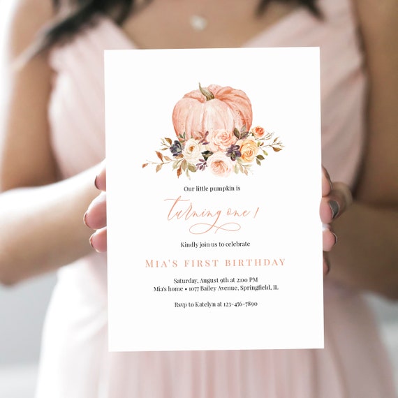 Pumpkin Birthday Invitation Template, Editable Fall Birthday Invitation Download, Printable Autumn Birthday Invite Girl Orange, Templett C44