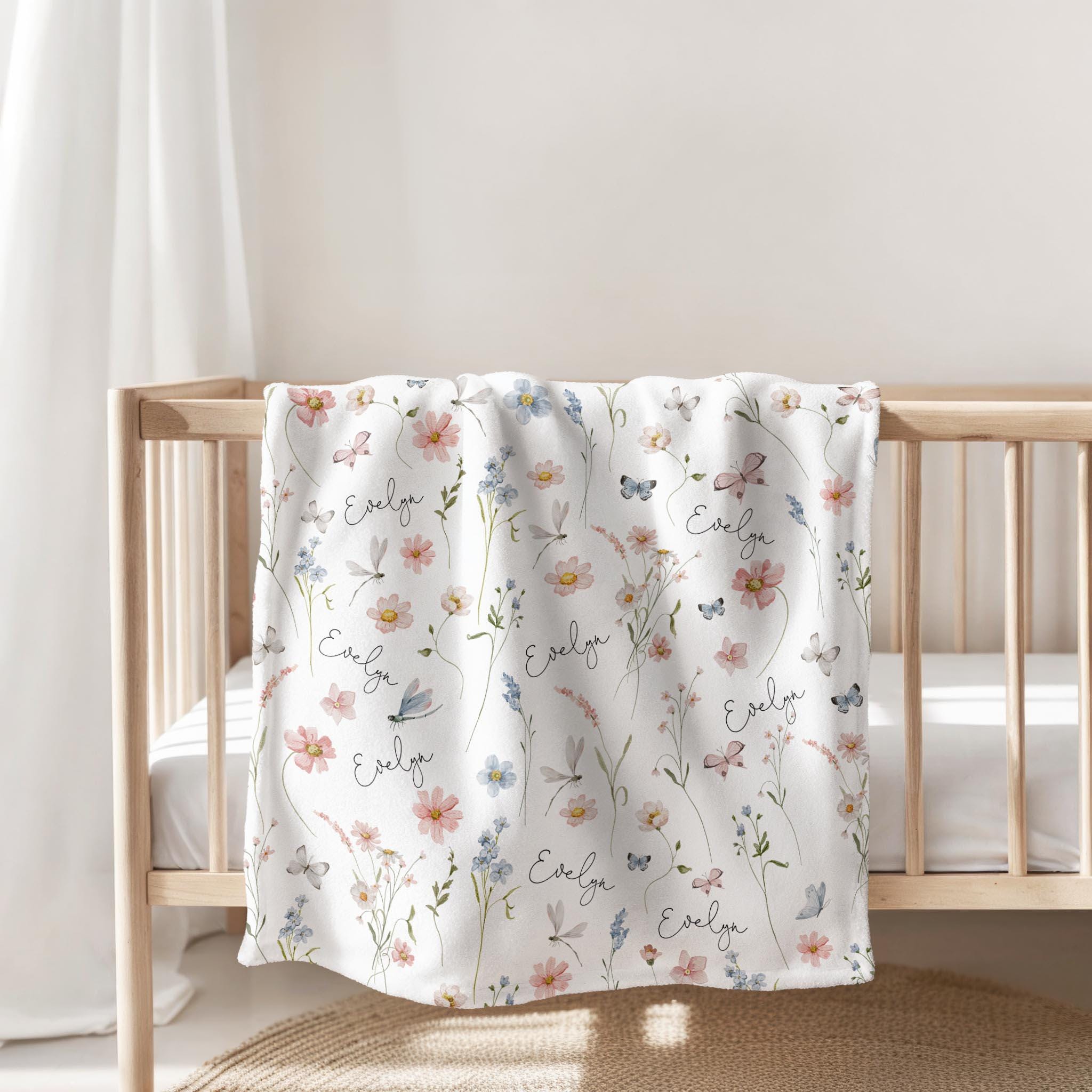 Personalized Baby Blanket Minky Throw Nursery Decor Pink Butterfly Blanket Custom Name Baby Gift Shower Present Newborn Girl Pastel Blue B2