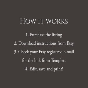 May include: How to use a digital printable template: Purchase the listing, download instructions from Etsy, check your Etsy registered email for the link from Templett, and then edit, save, and print.