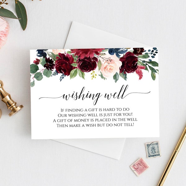 Wishing Well, Editable Template, Printable Wishing Well Card, In Lieu Of Gifts, Wedding Insert, Printable Wishing Well, Burgundy, PDF, C6