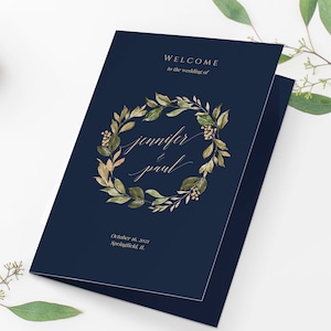 Navy And Gold Folded Program Template, Fully Editable Order Of Ceremony, Folded Ceremony Template, Printable Wedding Program, Templett, C37