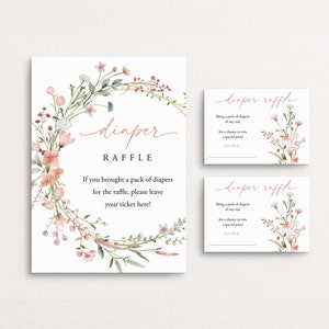 Windel-Verlosungskarte Wildblumen-Windel-Verlosungskarte Bearbeitbares Mädchen-Baby-Dusche-Sommer-Windel-Verlosung Druckbare Blumenwindel-Templett, C101