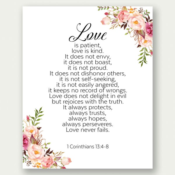 Love Is Patient, Love Is Kind, 1 Corinthians 13:4-8, Bible Print, Wedding Printable, Bible Wall Art, Christian Wall Art, Scripture Print