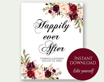 Happily Ever After Sign, Wedding Sign, Happily Ever After Printable, Wedding Printable, Wedding Date Sign, Marsala, Editable Template