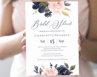 Printable Bridal Shower Invitation Template, Instant Download, Fully Editable Bridal Shower Invite, Navy Floral DIY Invitation, Templett C24