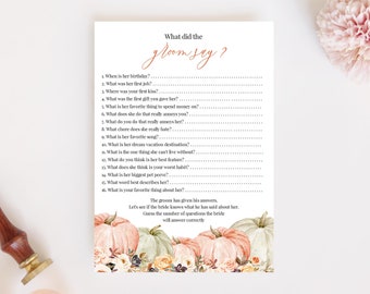 Pumpkin What Did The Groom Say, Editable Bridal Shower Games, What Did He Say About His Bride, Fall Bachelorette Party Game, Templett, C44