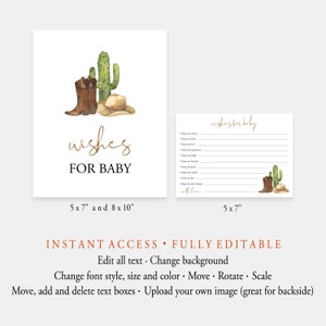 Wild West Wishes For Baby Sign And Cards, Cowboy Baby Advice Card, Editable Rodeo Baby Shower Game, Baby Wish Card Template, Templett, C68 image 3