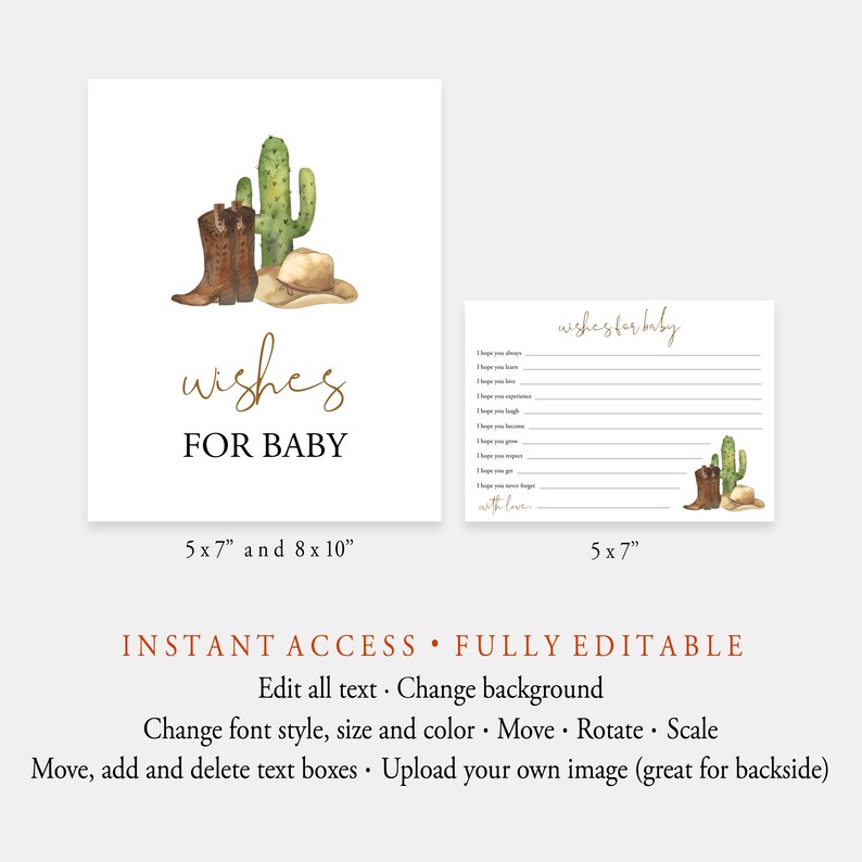 Wild West Wishes For Baby Sign And Cards, Cowboy Baby Advice Card, Editable Rodeo Baby Shower Game, Baby Wish Card Template, Templett, C68 image 3