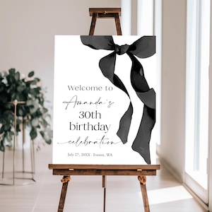 Plantilla de cartel de bienvenida con lazo de cumpleaños, cartel de bienvenida con lazo negro editable, tablero de bienvenida con cinta, 30.° cumpleaños, 40.° cumpleaños, bricolaje, C103