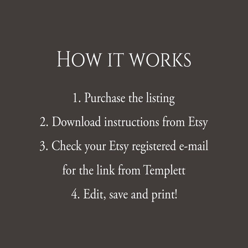 May include: How to use a digital printable template: Purchase the listing, download instructions from Etsy, check your Etsy registered email for the link from Templett, and then edit, save, and print.