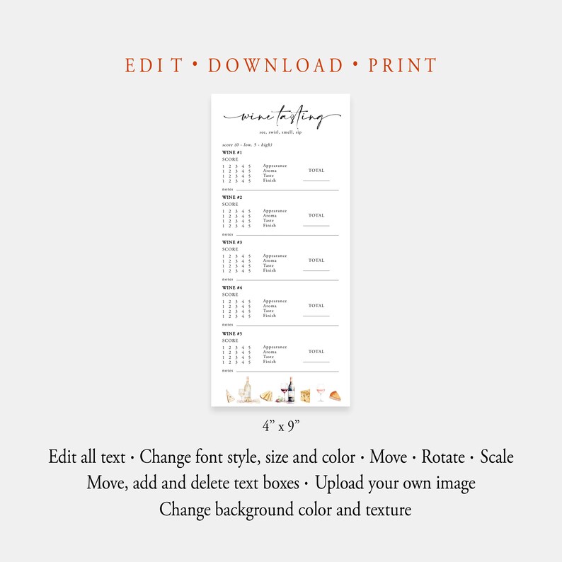 Wine Tasting Card Template Printable Wine Tasting Score Card Wine Tasting Sheet Blind Wine Tasting Note Wine Party Scorecard Templett, C102 image 4
