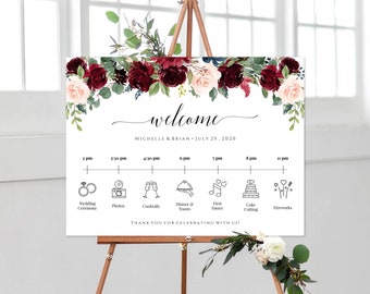 Order Of Events Sign, Wedding Timeline Poster Template Download, Wedding Day Timeline Printable, Merlot Wedding Itinerary, Templett, C6