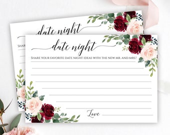 Date Night Cards, Date Night Idea Cards, Wedding Date Night Cards, Date Night Ideas, Date Jar, Wedding Printable, Shower Game Cards, C6