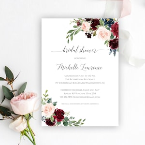 Bridal Shower Invitation Template, 100% Editable, Printable Bridal Shower Invitation, Burgundy Bridal Shower, Instant Download, Templett, C6