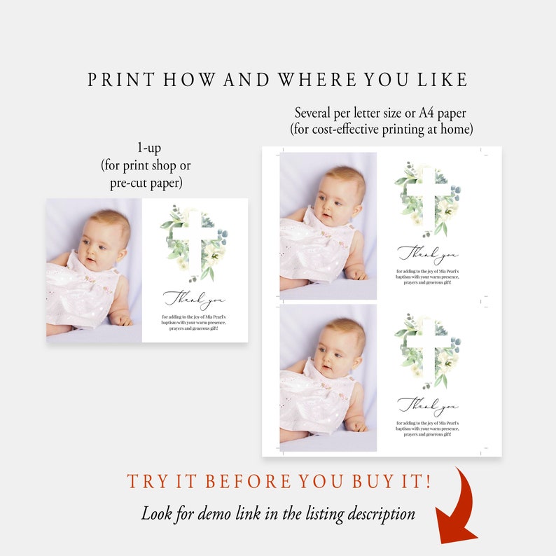 May include: Two printable thank you cards with a watercolor cross and greenery design. The cards feature a baby in a white dress and the text "Thank you for sharing in the joy of [baby's name]'s baptism with your warm presence, prayers and generous gift."