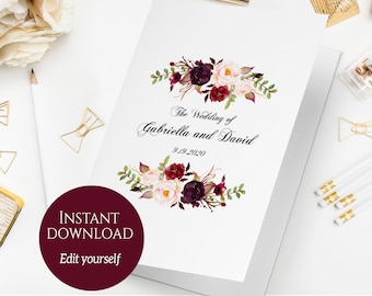 Folded Wedding Program Template, Folded Ceremony Template, Printable Wedding Program, Order Of Ceremony, Editable Wedding Program, Marsala