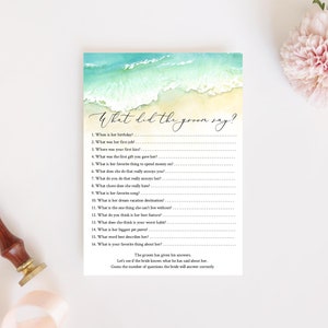 Ocean What Did The Groom Say, Editable Beach Bridal Shower Games, What Did He Say About His Bride, Bachelorette Party Game, Templett, C56