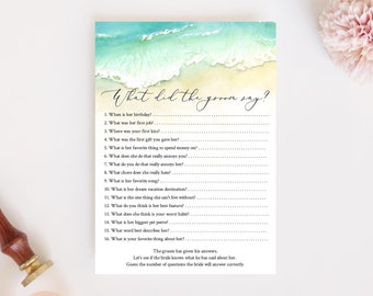 Ocean What Did The Groom Say, Editable Beach Bridal Shower Games, What Did He Say About His Bride, Bachelorette Party Game, Templett, C56