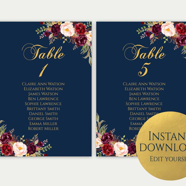 Wedding Seating Chart Template, Seating Cards, Seating Chart Sign, Seating Chart Template, Editable Seating Chart, Gold, Navy, C5