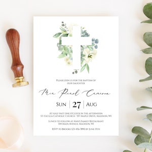 Baptism Invitation Template, Fully Editable Greenery Cross Baptism Invitation, Christening Invitation, Printable Baptism Invite Templett C15
