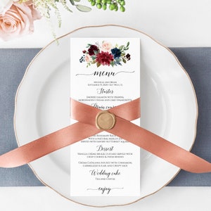 Modèle de menu de mariage, cartes de menu de mariage 100 % modifiables, cartes de menu, modèle de carte de menu, menu de fête bourgogne, Templett, téléchargement immédiat, C6
