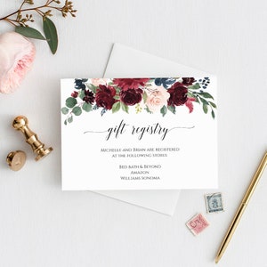 Editable Gift Registry, Instant Download, Registry Insert Card, Printable Gift Registry Card Template, Floral Gift Registry Card Burgundy C6