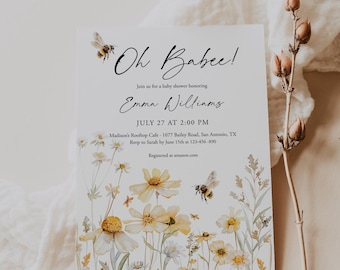 Oh Babee Invitation Bee Baby Shower Girl Wildflower Yellow Flower Bee Invitation Meadow Flower Invitation Template Girl Floral Templett C108