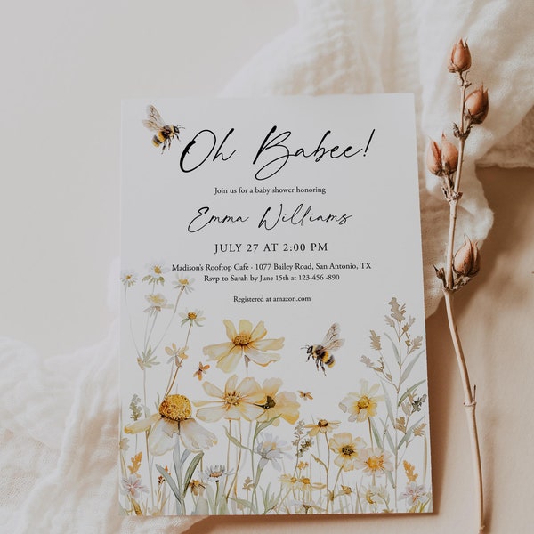 Oh Babee Invitation Bee Baby Shower Girl Wildflower Yellow Flower Bee Invitation Meadow Flower Invitation Template Girl Floral Templett C108