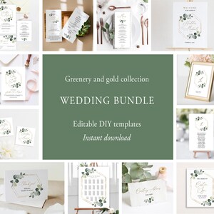 May include: A wedding bundle with editable DIY templates for a greenery and gold themed wedding. The bundle includes a welcome sign, seating chart, table numbers, place cards, menus, and thank you cards. The designs feature a gold geometric frame with eucalyptus leaves and gold calligraphy.