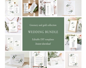 Greenery And Gold Wedding Bundle, Editable Wedding Bundle Templates, Printable Geometric Wedding Invitation Suite, Essentials, Templett, C22