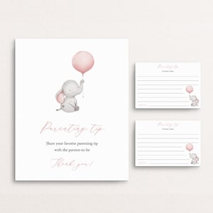 Cartes et enseignes de conseils parentaux Carte de conseils parentaux éléphant Conseils en ballon pour les futurs parents Modèle de jeu de baby shower, Templett, C72